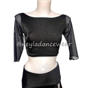 Batula cropped top in black lycra with 3/4 tulle sleeves, elegant and comfortable for belly dancing