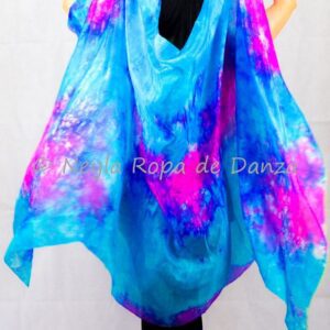 Velo de seda tie-dye en tonos fucsia, azul oscuro y turquesa para danza del vientre y danza oriental.
