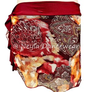 Zareen belly dance skirt Neyla Dancewear short pareo style printed tulle red waistband.