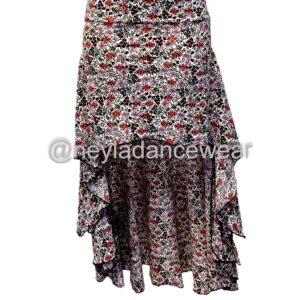Falda de danza del vientre modelo Suh con diseño asimétrico, estampado floral pequeño en tonos neutros, vuelo amplio y cintura adaptable, ideal para danza oriental y tribal.