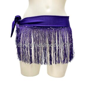 Purple belly dance skirt with fringe and sequins, short pareo model by Neyla Dancewear.