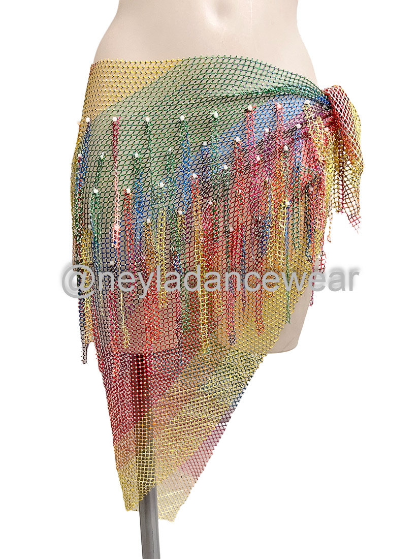 Multicolour mesh hip scarf with silver rhinestones for belly dance
