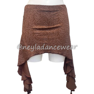Falda Samara de estampado animal marrón con corte asimétrico y volantes para danza del vientre.