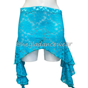 Falda Shula de encaje turquesa con corte asimétrico y volantes para danza del vientre.