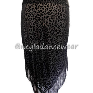 Falda Raissa negra con animal print y flecos largos para danza oriental y danza del vientre.