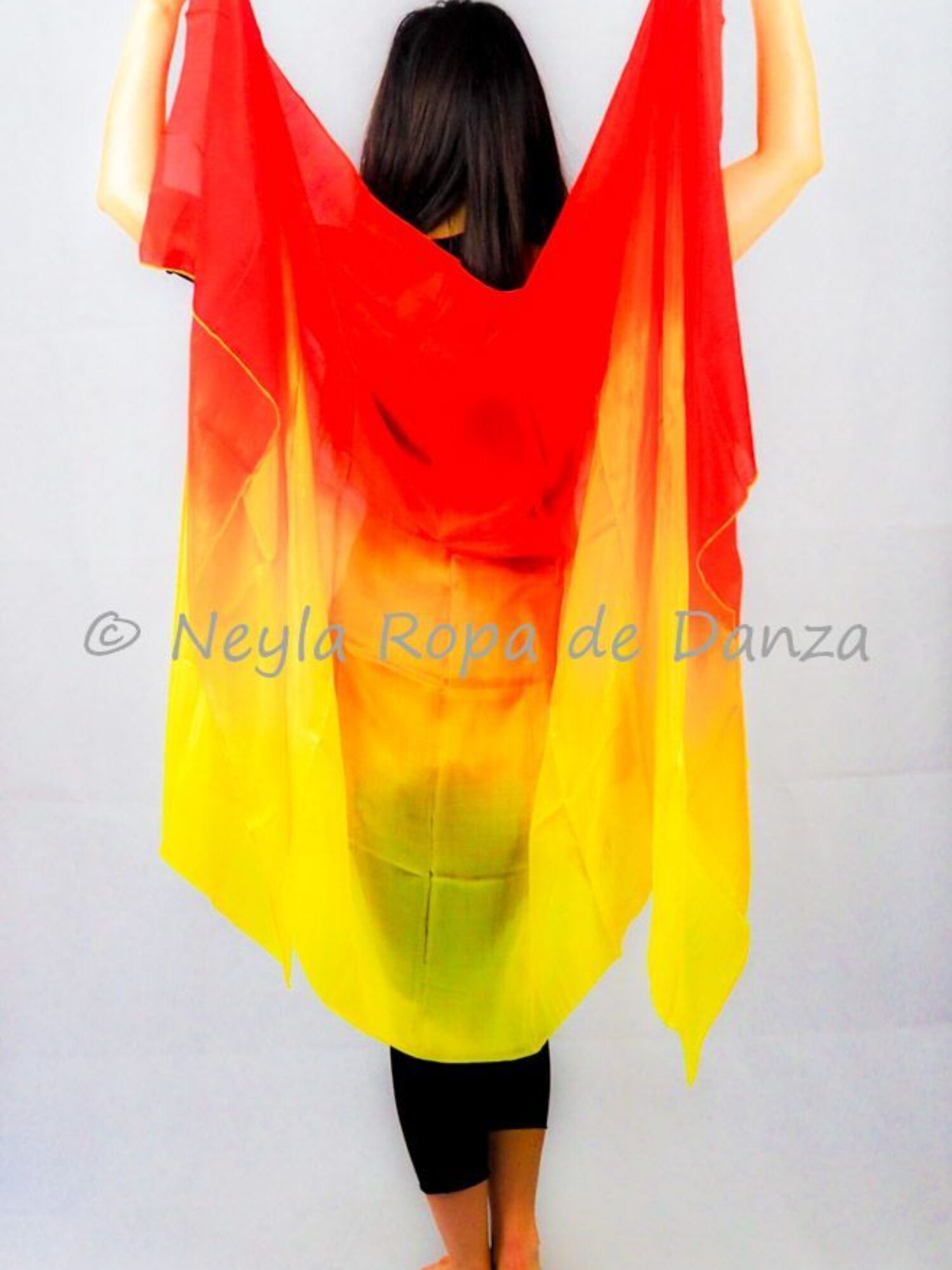 Gradient silk veil in red, orange, and yellow tones for belly dance and oriental dance.