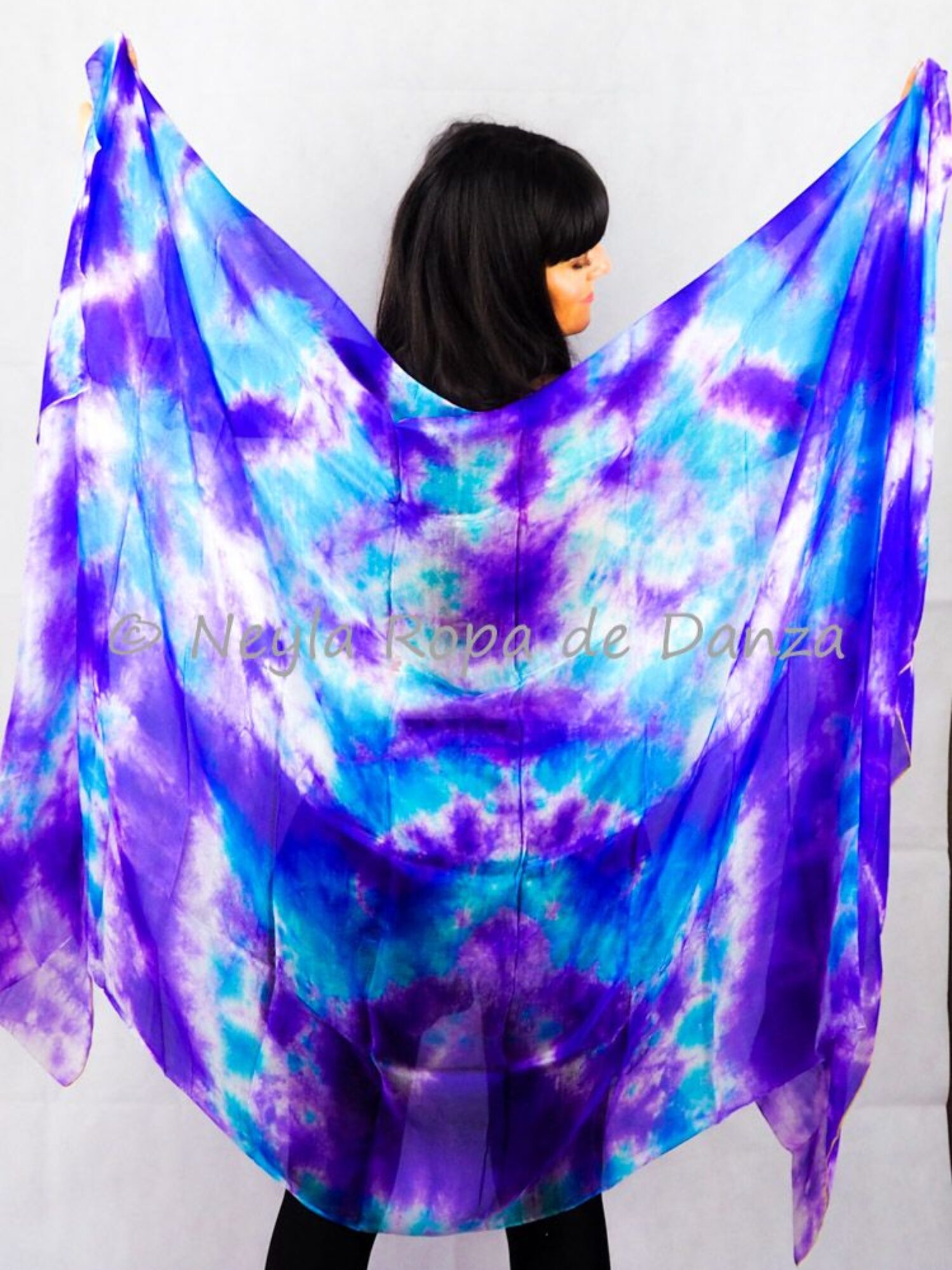 Velo de Seda con Manchas Lila y Azul, Danza del Vientre, Velo de seda degradado verde y azul para danza.