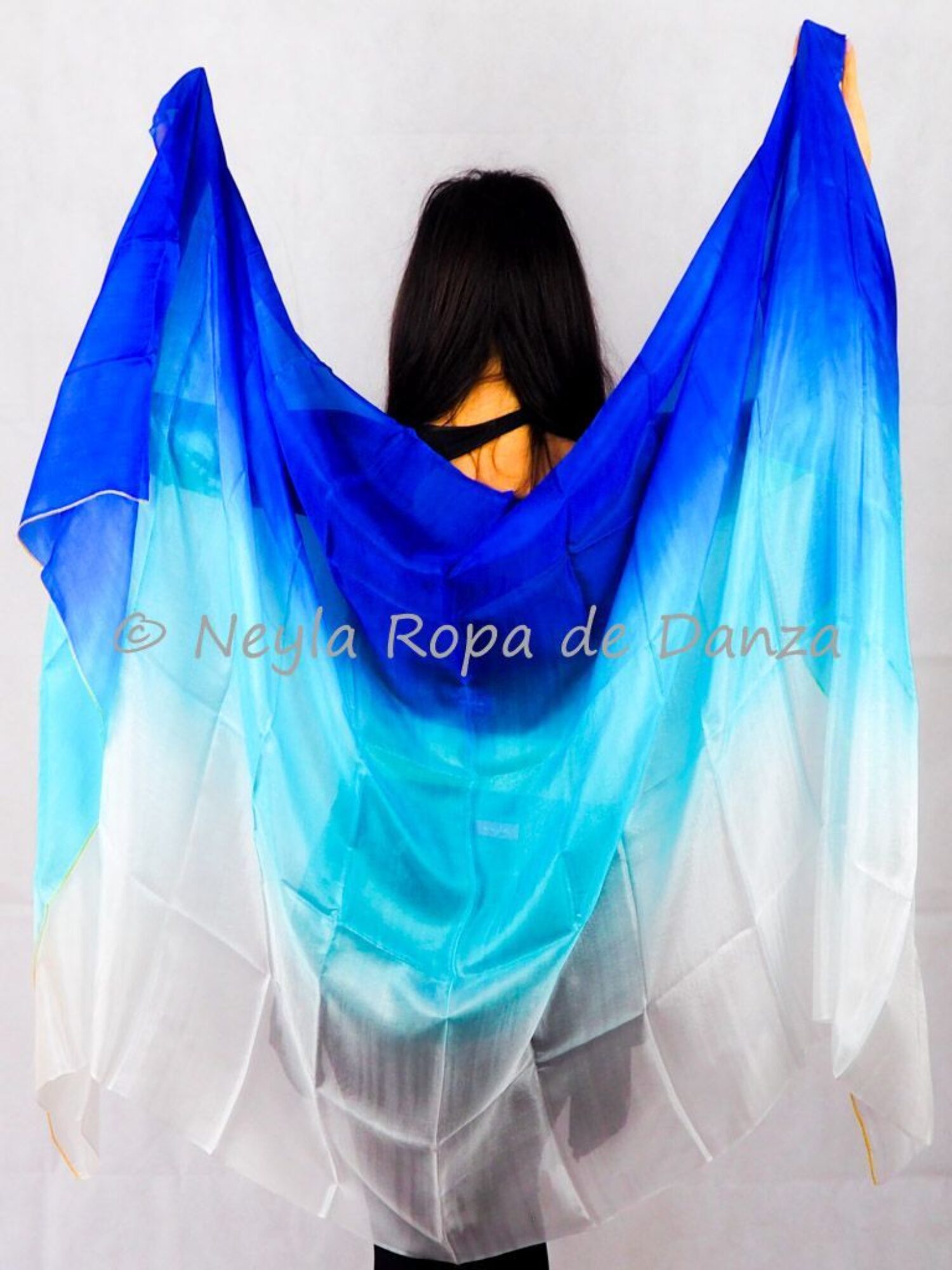 Gradient silk veil in blue, dark blue, turquoise, and white tones for belly dance and oriental dance.