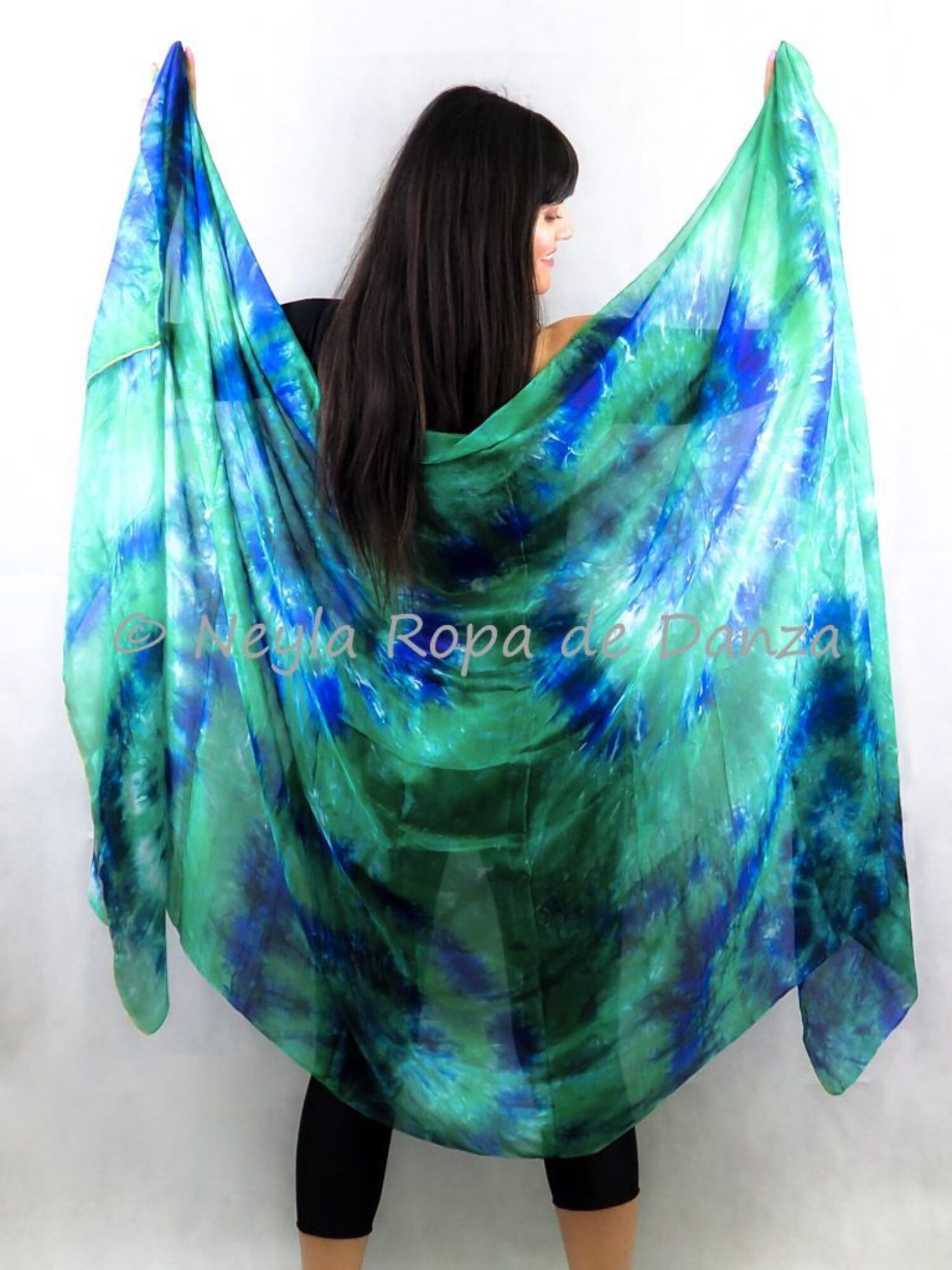 Silk veil with green and blue spots for belly dance and oriental dance.