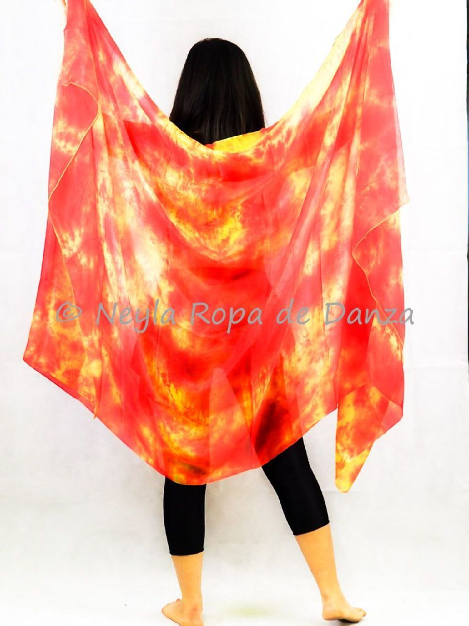 Tie-dye silk veil in orange, red, and yellow for belly dance and oriental dance.