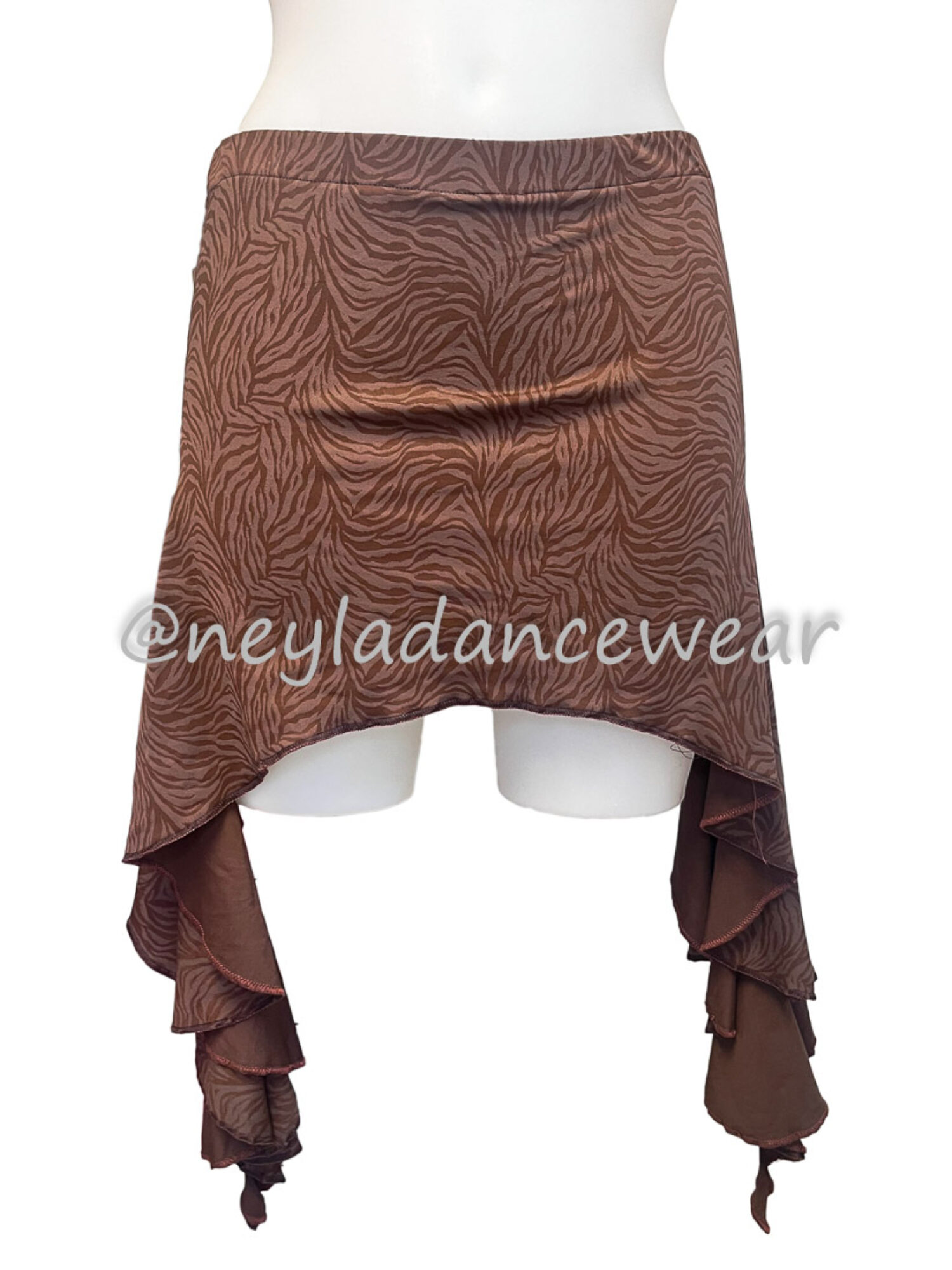 Falda Samara de estampado animal marrón con corte asimétrico y volantes para danza del vientre.