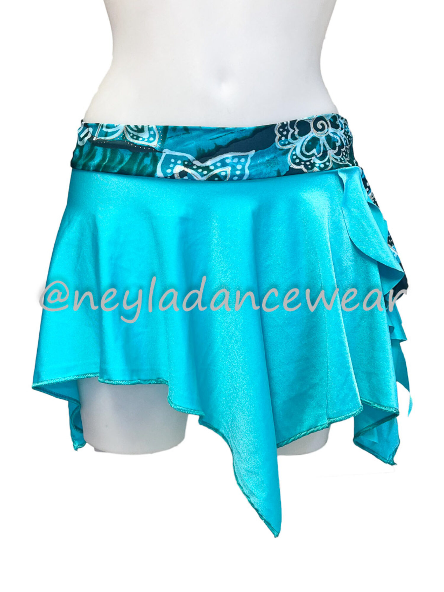 falda Kubra danza del vientre azul turquesa con cinturilla estampada y volantes laterales