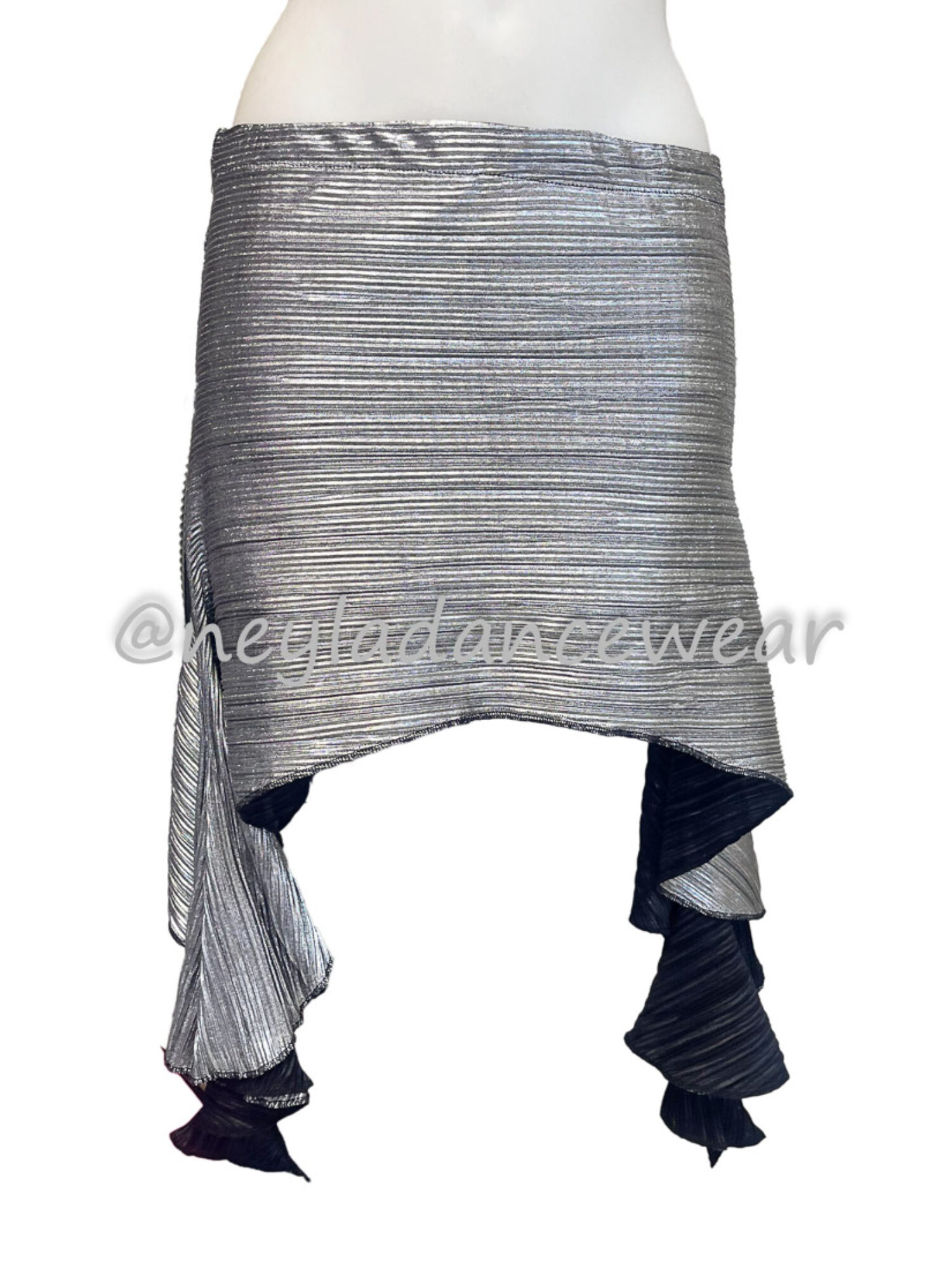 Falda Sahar plateada con corte asimétrico y volantes para danza oriental y danza del vientre.