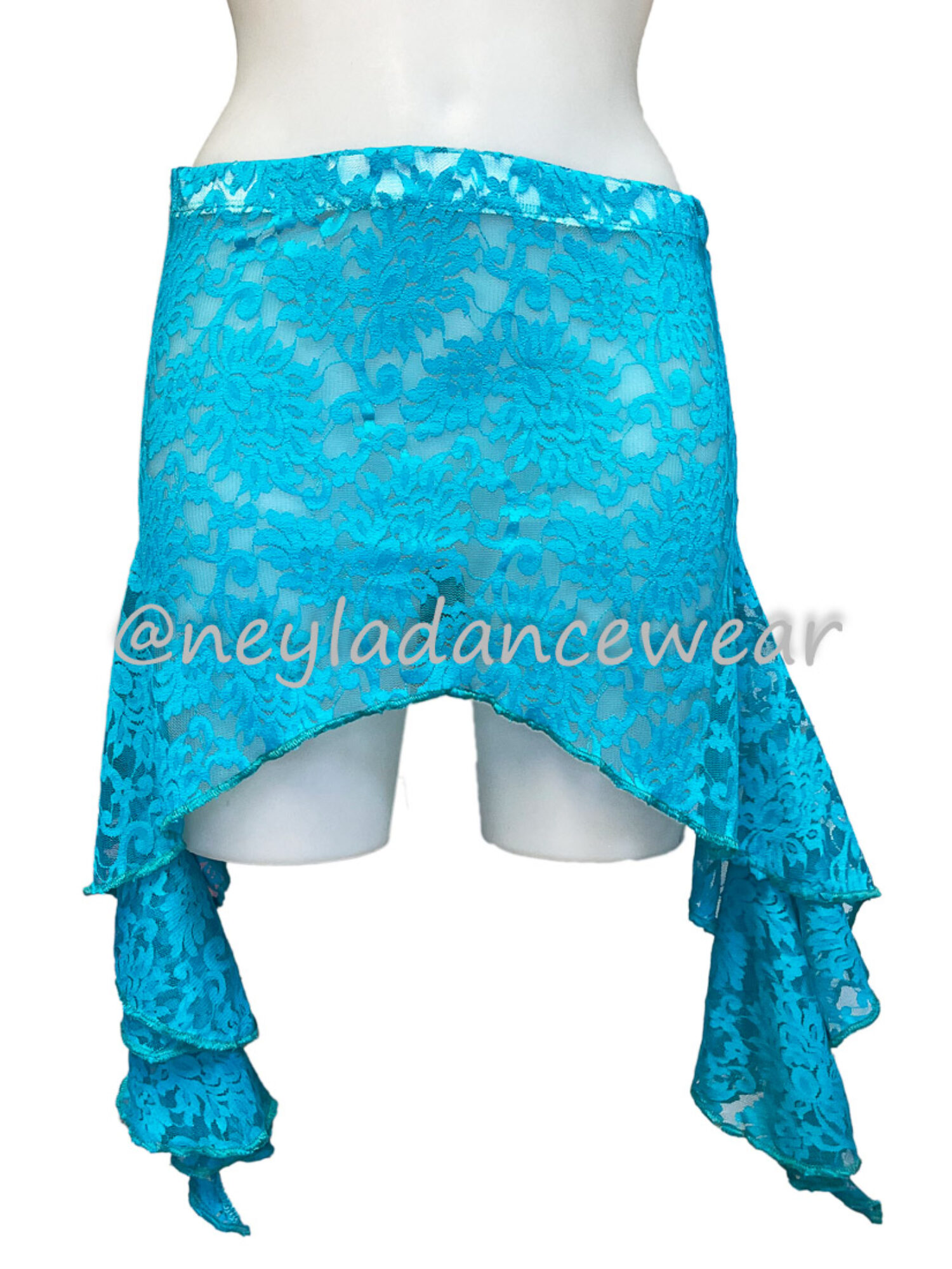 Falda Shula de encaje turquesa con corte asimétrico y volantes para danza del vientre.