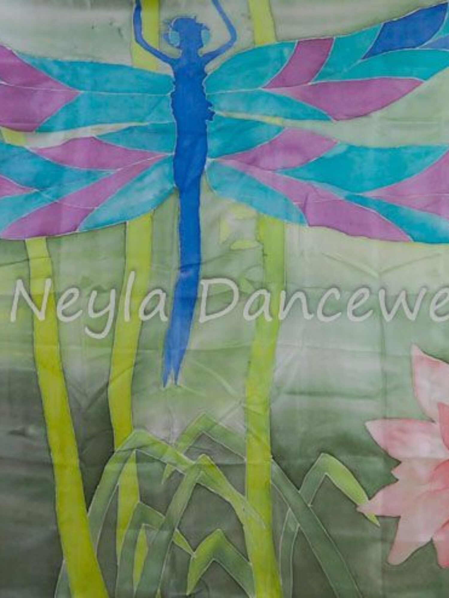 Hand-painted silk veil with central dragonfly design and floral details.